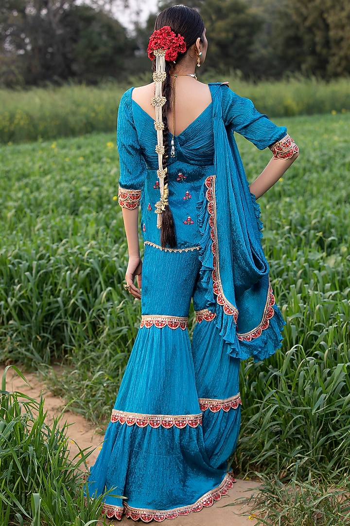 Pherozi Blue Embroidered Wedding Sharara Set by Aditi Gupta at Pernia's Pop Up Shop