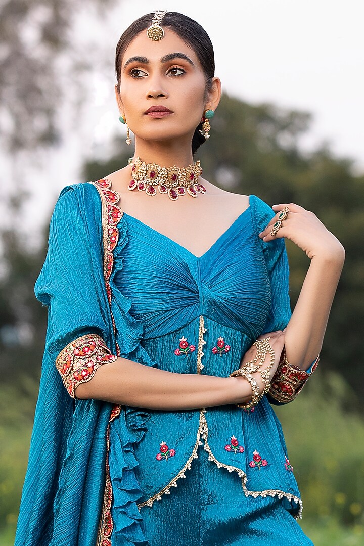 Pherozi Blue Embroidered Wedding Sharara Set by Aditi Gupta at Pernia's Pop Up Shop
