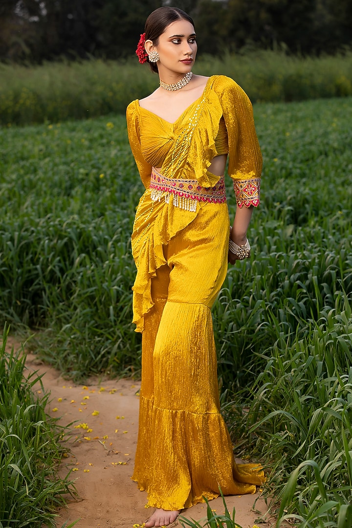 Yellow Silk Hand-Dyed Wedding Sharara Set by Aditi Gupta at Pernia's Pop Up Shop