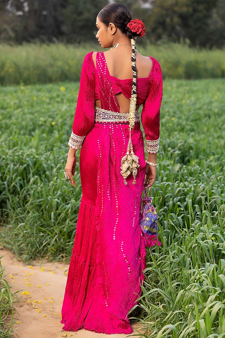 Hot Pink Silk Wedding Sharara Set With Belt by Aditi Gupta at Pernia's Pop Up Shop