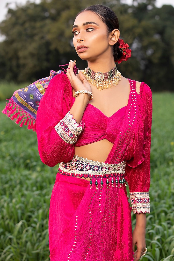 Hot Pink Silk Wedding Sharara Set With Belt by Aditi Gupta at Pernia's Pop Up Shop