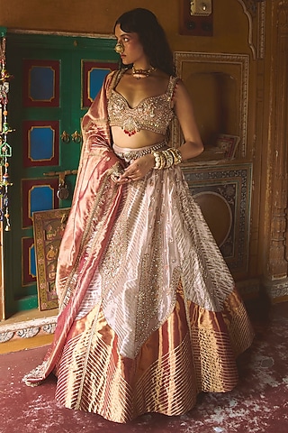 Rose Gold Pure Zari Tissue Kalidar Lehenga Set by Aditi Gupta