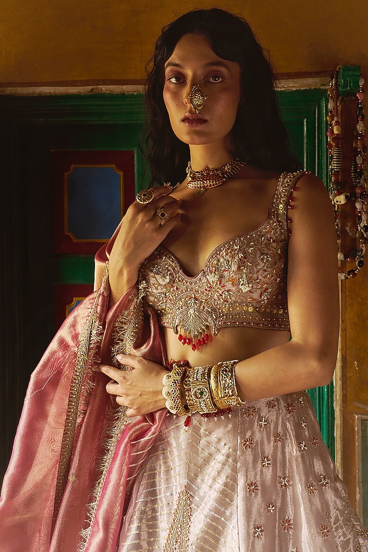 Rose Gold Pure Zari Tissue Kalidar Bridal Lehenga Set by Aditi Gupta at Pernia's Pop Up Shop