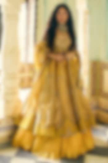 Mustard Pure Zari Tissue Gota-Patti Embroidered Jacket Set by Aditi Gupta at Pernia's Pop Up Shop