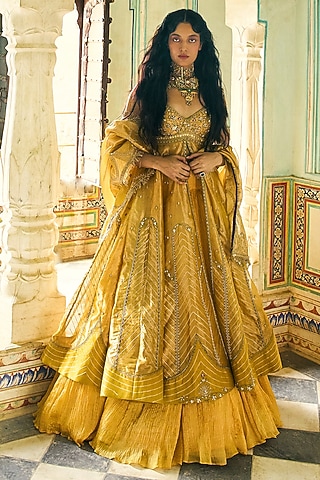 Mustard Pure Zari Tissue Gota-Patti Embroidered Jacket Set by Aditi Gupta
