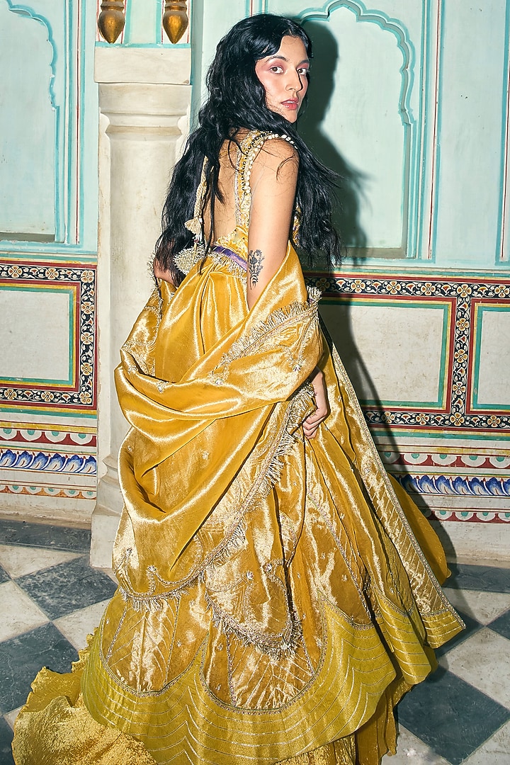 Mustard Pure Zari Tissue Gota-Patti Embroidered Jacket Set by Aditi Gupta at Pernia's Pop Up Shop