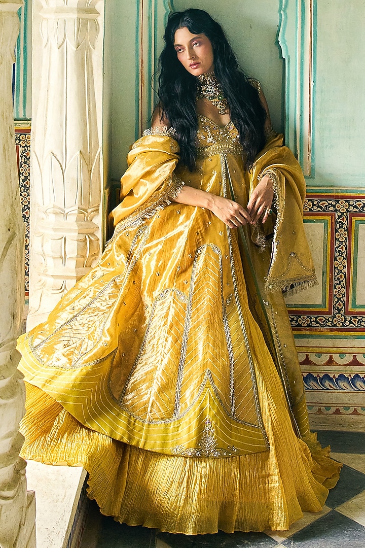 Mustard Pure Zari Tissue Gota-Patti Embroidered Jacket Set by Aditi Gupta at Pernia's Pop Up Shop
