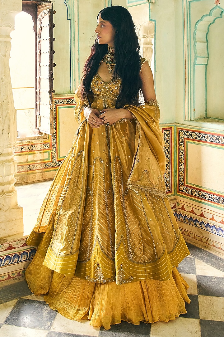 Mustard Pure Zari Tissue Gota-Patti Embroidered Jacket Set by Aditi Gupta at Pernia's Pop Up Shop