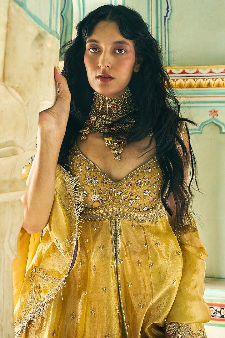 Mustard Pure Zari Tissue Gota-Patti Embroidered Jacket Set by Aditi Gupta at Pernia's Pop Up Shop