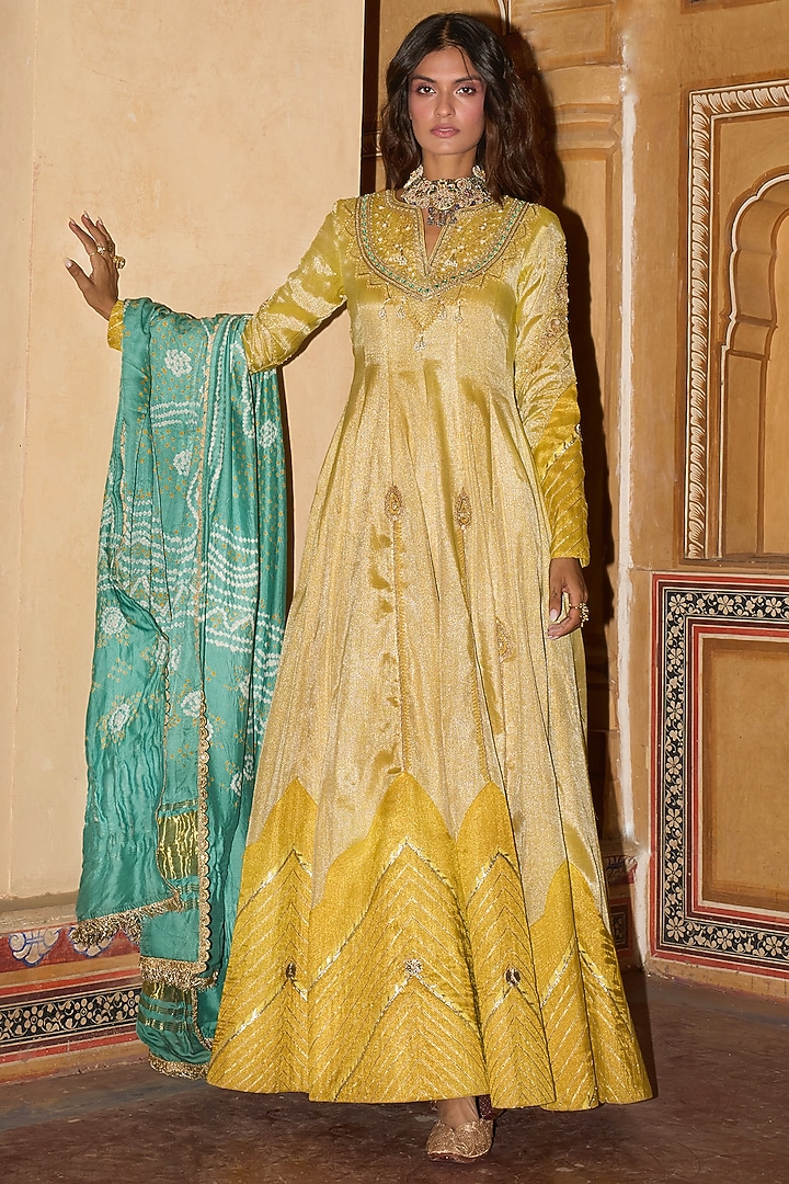 Mustard Pure Zari Tissue Zari Embroidered Choga Wedding Anarkali Set by Aditi Gupta at Pernia's Pop Up Shop