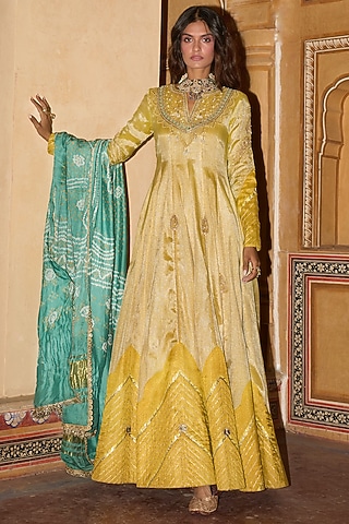 Mustard Pure Zari Tissue Zari Embroidered Choga Anarkali Set by Aditi Gupta