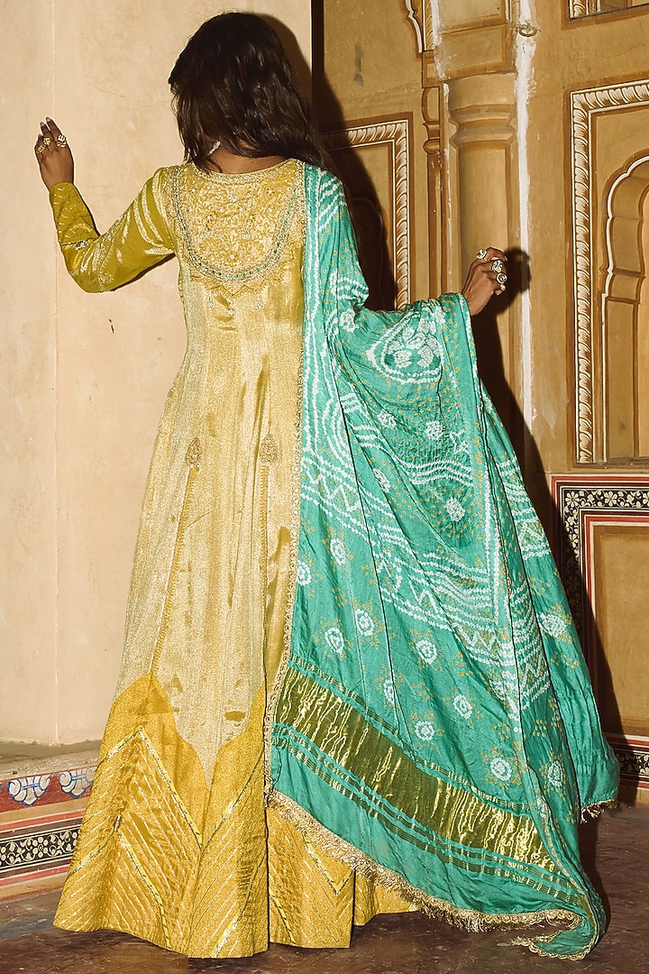 Mustard Pure Zari Tissue Zari Embroidered Choga Wedding Anarkali Set by Aditi Gupta at Pernia's Pop Up Shop