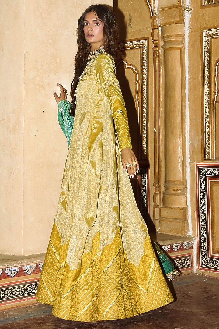 Mustard Pure Zari Tissue Zari Embroidered Choga Wedding Anarkali Set by Aditi Gupta at Pernia's Pop Up Shop