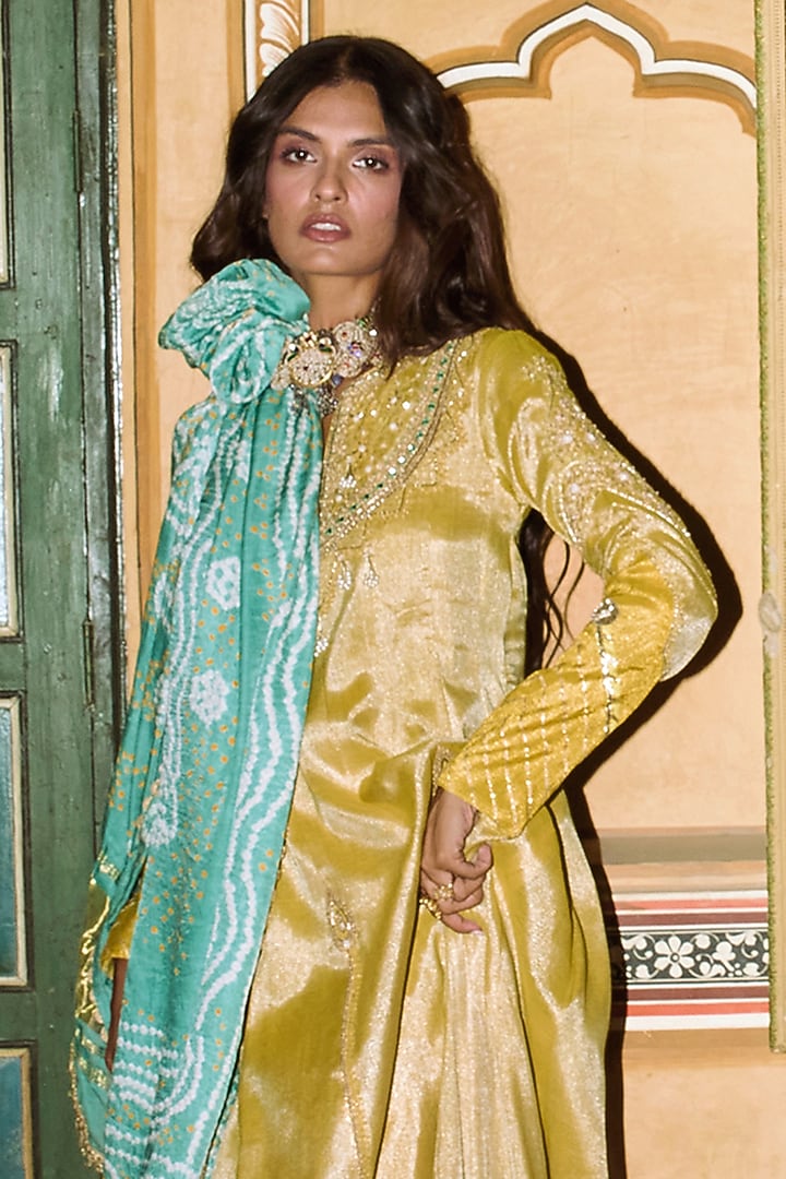 Mustard Pure Zari Tissue Zari Embroidered Choga Wedding Anarkali Set by Aditi Gupta at Pernia's Pop Up Shop