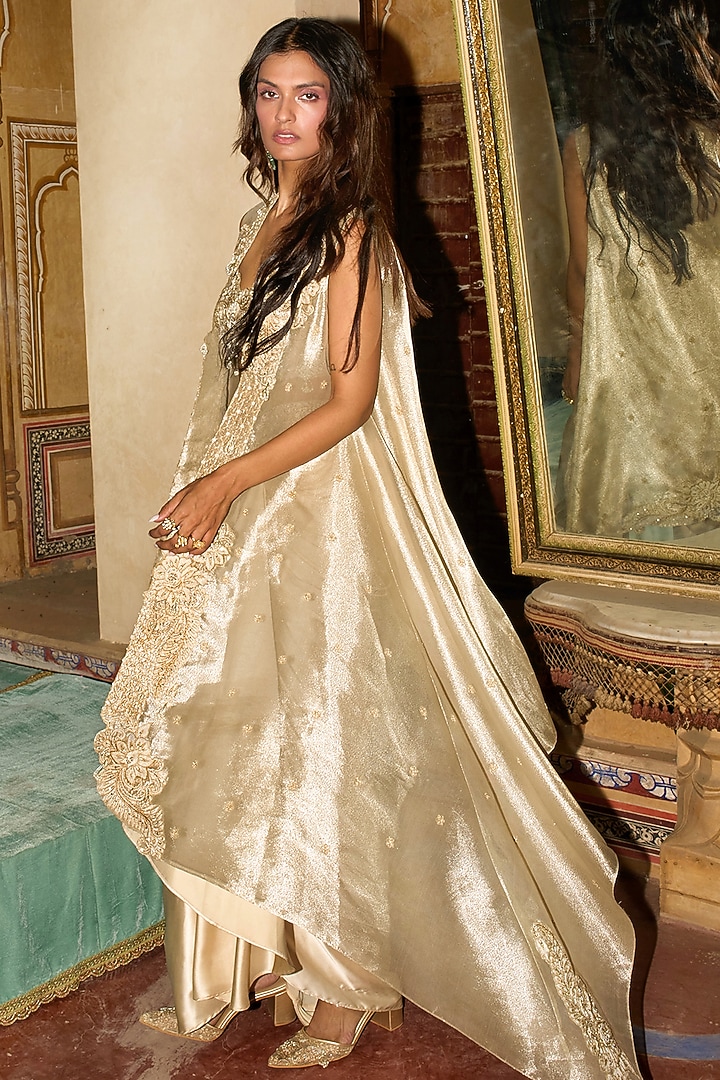 Champagne Gold Armani Satin Draped Skirt Set by Aditi Gupta at Pernia's Pop Up Shop