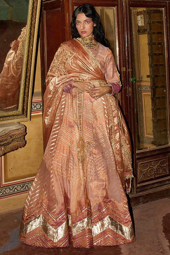 Peach Pure Zari Tissue Zari & Banarasi Silk Wedding Anarkali Set by Aditi Gupta at Pernia's Pop Up Shop