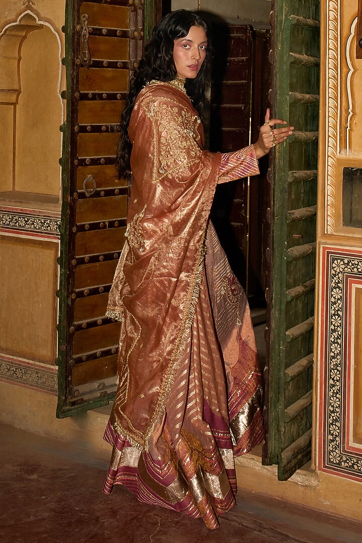 Peach Pure Zari Tissue Zari & Banarasi Silk Wedding Anarkali Set by Aditi Gupta at Pernia's Pop Up Shop