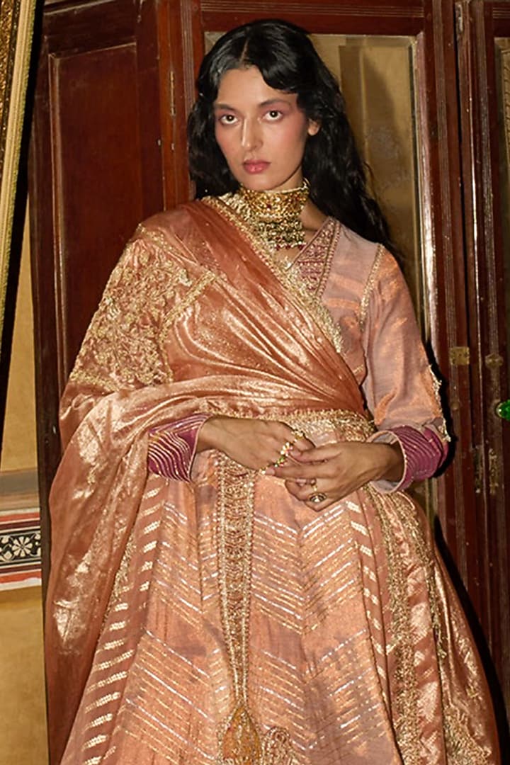 Peach Pure Zari Tissue Zari & Banarasi Silk Wedding Anarkali Set by Aditi Gupta at Pernia's Pop Up Shop