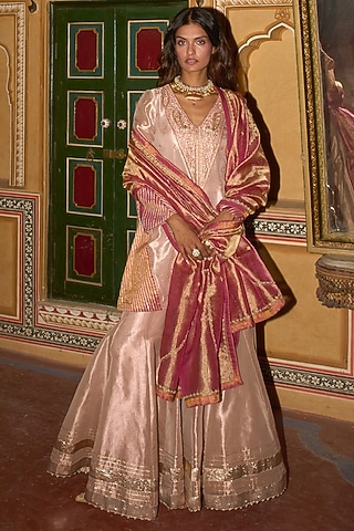 Rose Gold Pure Zari Tissue Sharara Set by Aditi Gupta