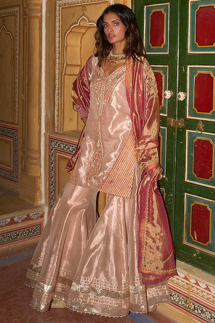 Rose Gold Pure Zari Tissue Wedding Sharara Set by Aditi Gupta at Pernia's Pop Up Shop
