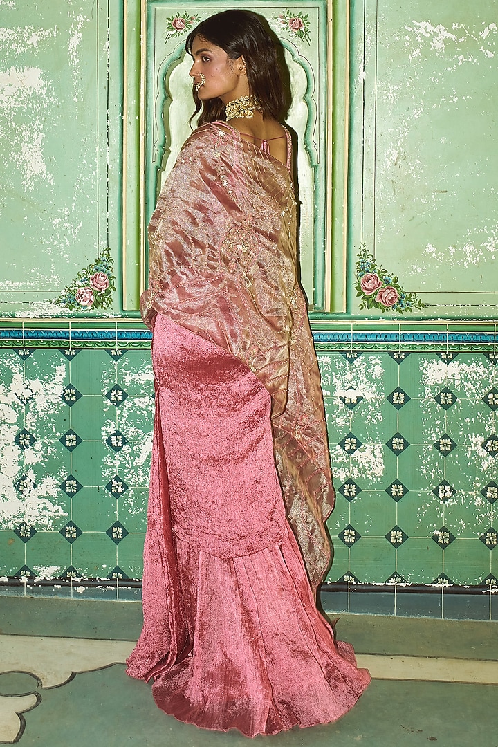 Blush Pink Crushed Silk & Tissue Pre-Stitched Wedding Saree Set by Aditi Gupta at Pernia's Pop Up Shop