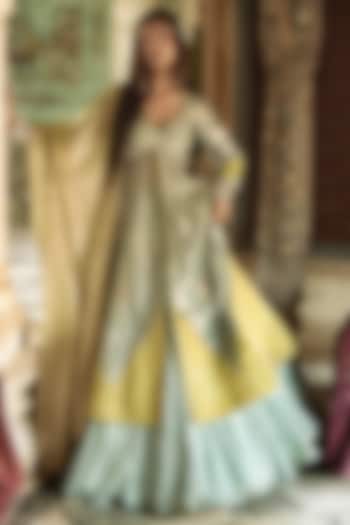 Ice Blue Pure Zari Tissue Zari Embroidered Kalidar Jacket Set by Aditi Gupta at Pernia's Pop Up Shop