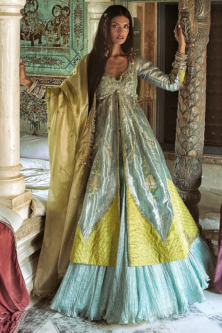 Ice Blue Pure Zari Tissue Zari Embroidered Kalidar Jacket Set by Aditi Gupta at Pernia's Pop Up Shop