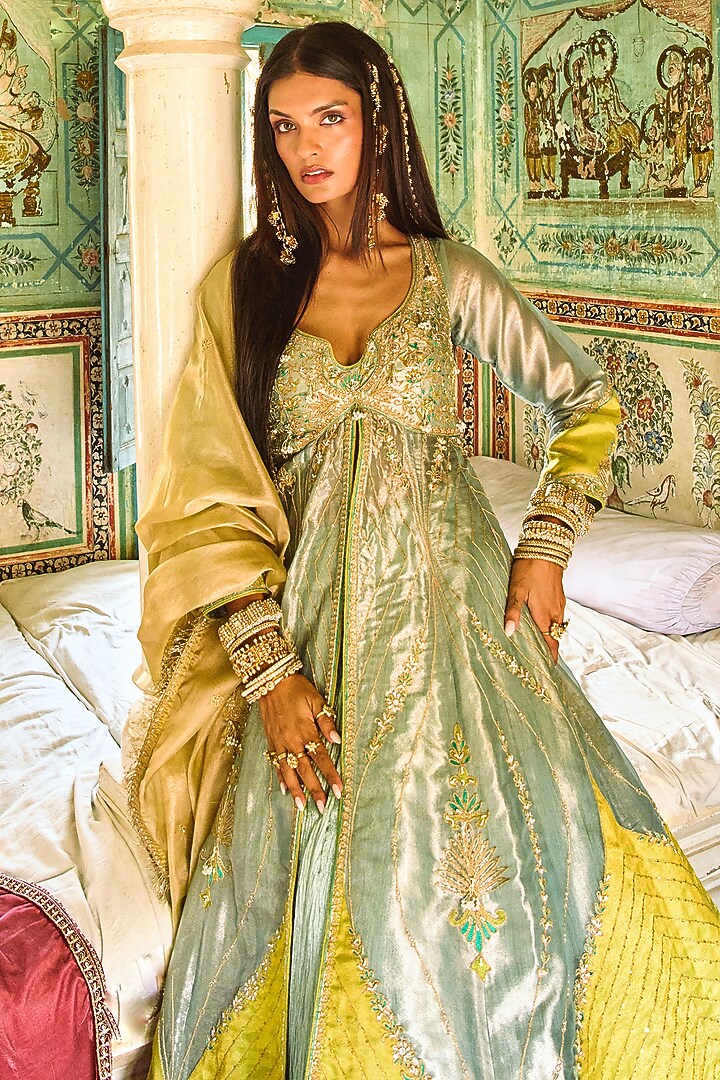 Ice Blue Pure Zari Tissue Zari Embroidered Kalidar Jacket Set by Aditi Gupta at Pernia's Pop Up Shop
