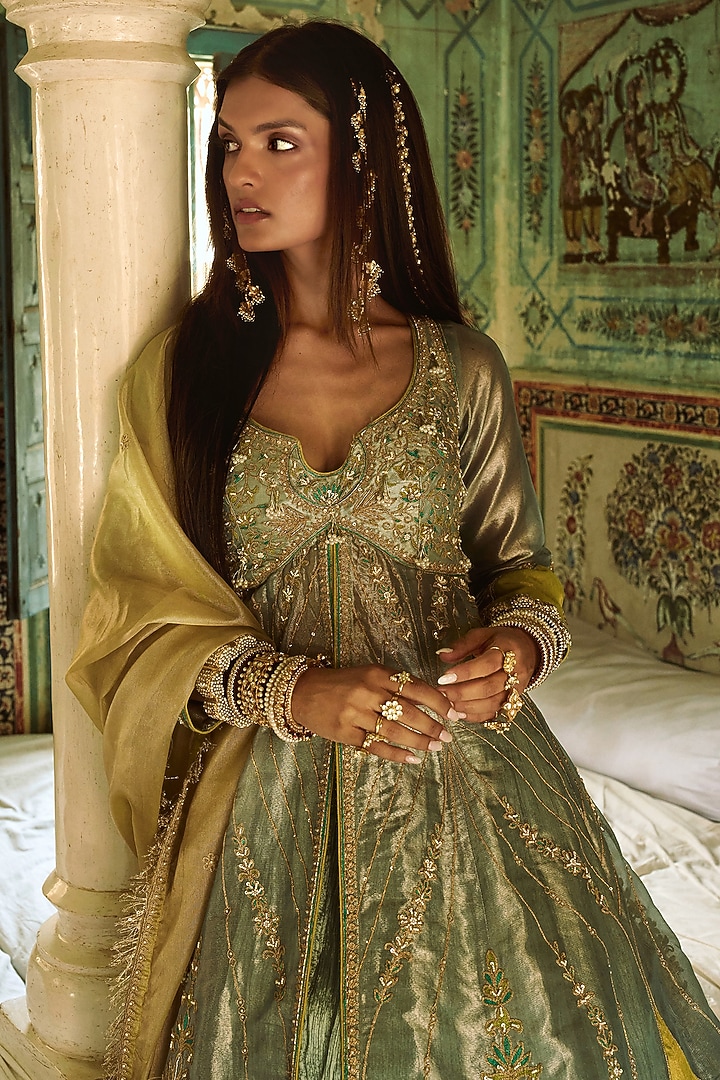 Ice Blue Pure Zari Tissue Zari Embroidered Kalidar Jacket Set by Aditi Gupta at Pernia's Pop Up Shop
