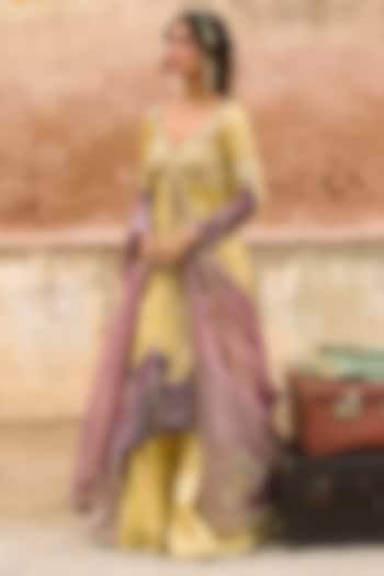 Lemon Yellow Chanderi Tissue Zari Embroidered Kalidar Jacket Set by Aditi Gupta at Pernia's Pop Up Shop