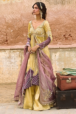 Lemon Yellow Chanderi Tissue Zari Embroidered Kalidar Jacket Set by Aditi Gupta