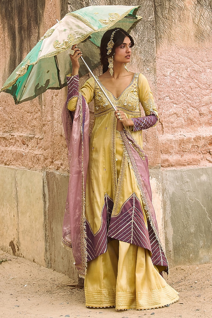 Lemon Yellow Chanderi Tissue Zari Embroidered Kalidar Jacket Set by Aditi Gupta at Pernia's Pop Up Shop