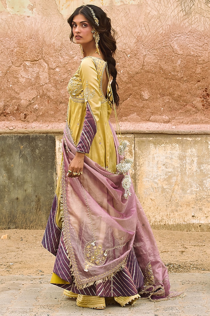 Lemon Yellow Chanderi Tissue Zari Embroidered Kalidar Jacket Set by Aditi Gupta at Pernia's Pop Up Shop