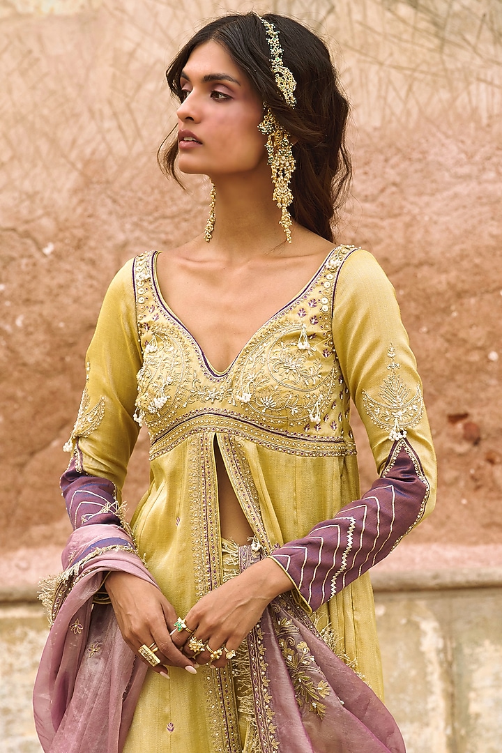 Lemon Yellow Chanderi Tissue Zari Embroidered Kalidar Jacket Set by Aditi Gupta at Pernia's Pop Up Shop