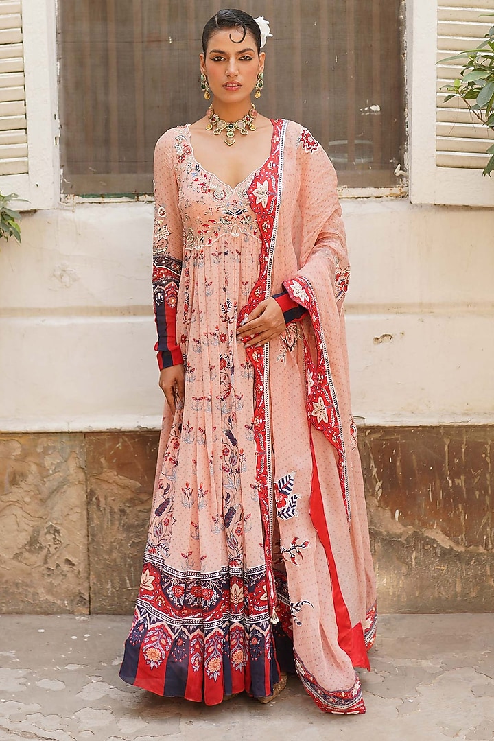Soft Pink Georgette Printed & Embroidered Wedding Anarkali Set by Aditi Gupta at Pernia's Pop Up Shop