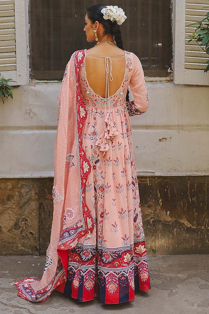 Soft Pink Georgette Printed & Embroidered Wedding Anarkali Set by Aditi Gupta at Pernia's Pop Up Shop