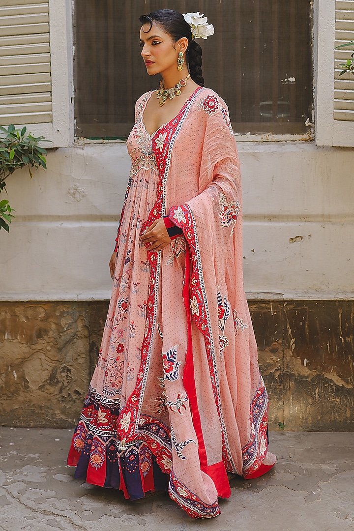 Soft Pink Georgette Printed & Embroidered Wedding Anarkali Set by Aditi Gupta at Pernia's Pop Up Shop