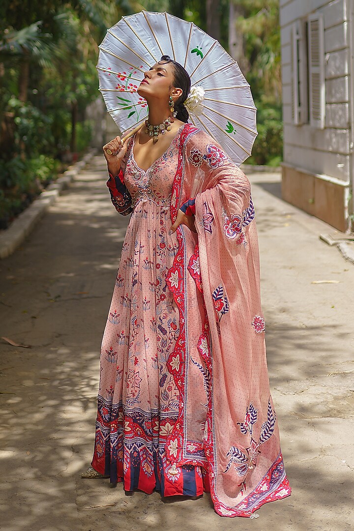 Soft Pink Georgette Printed & Embroidered Wedding Anarkali Set by Aditi Gupta at Pernia's Pop Up Shop