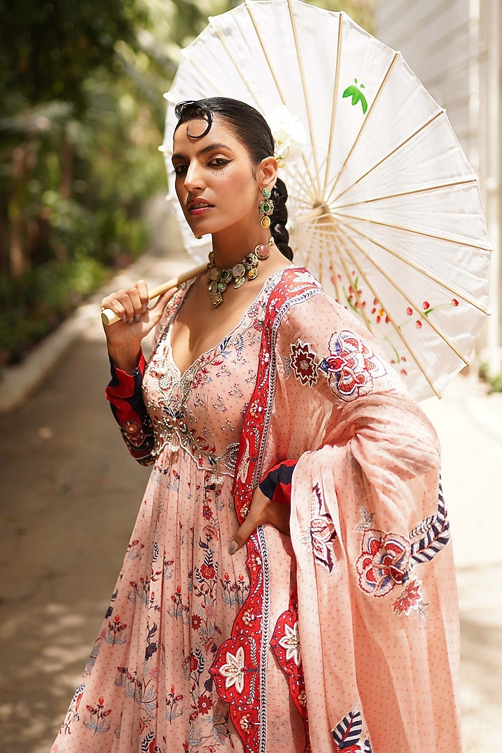 Soft Pink Georgette Printed & Embroidered Wedding Anarkali Set by Aditi Gupta at Pernia's Pop Up Shop