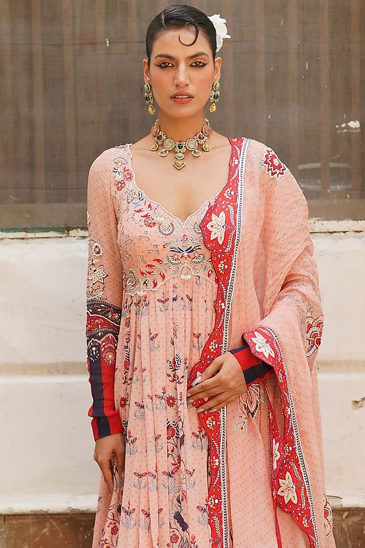 Soft Pink Georgette Printed & Embroidered Wedding Anarkali Set by Aditi Gupta at Pernia's Pop Up Shop