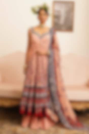 Soft Pink Georgette Printed & Embroidered Wedding Anarkali Set by Aditi Gupta at Pernia's Pop Up Shop