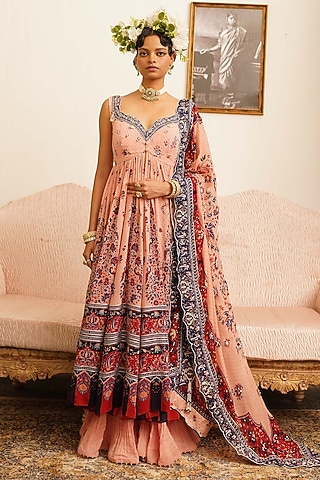 Soft Pink Georgette Printed & Embroidered Anarkali Set by Aditi Gupta
