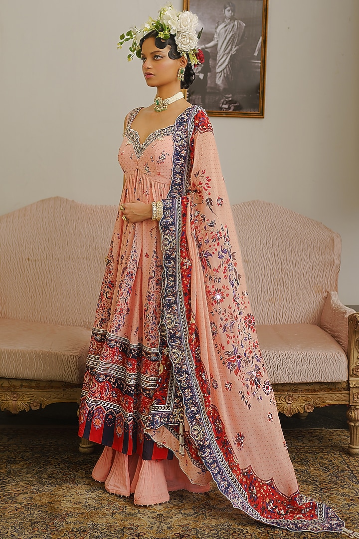 Soft Pink Georgette Printed & Embroidered Wedding Anarkali Set by Aditi Gupta at Pernia's Pop Up Shop