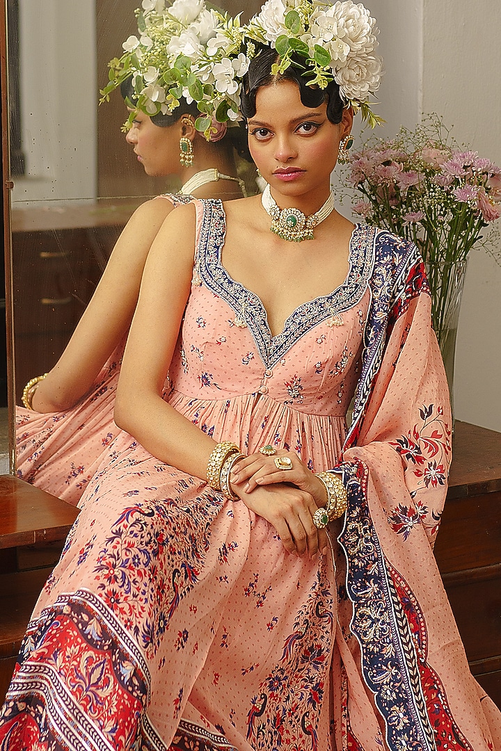 Soft Pink Georgette Printed & Embroidered Wedding Anarkali Set by Aditi Gupta at Pernia's Pop Up Shop