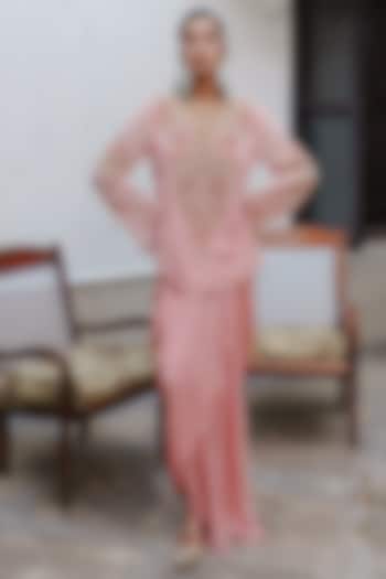 Soft Pink Georgette Bandhani Printed Draped Skirt Set by Aditi Gupta at Pernia's Pop Up Shop