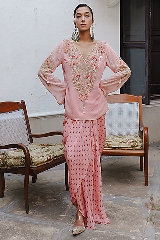 Soft Pink Georgette Bandhani Printed Draped Skirt Set by Aditi Gupta