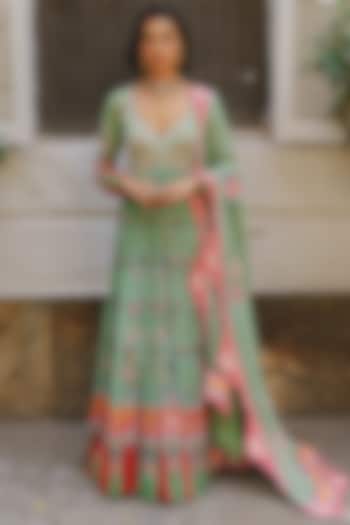 Pista Green Georgette Floral Jaal Printed Wedding Anarkali Set by Aditi Gupta at Pernia's Pop Up Shop