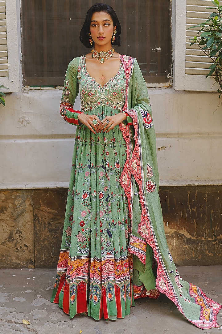 Pista Green Georgette Floral Jaal Printed Wedding Anarkali Set by Aditi Gupta at Pernia's Pop Up Shop