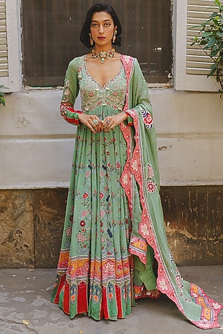 Pista Green Georgette Floral Jaal Printed Anarkali Set by Aditi Gupta