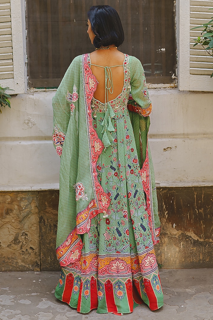 Pista Green Georgette Floral Jaal Printed Wedding Anarkali Set by Aditi Gupta at Pernia's Pop Up Shop